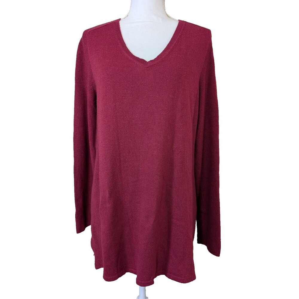 J Jill Tunic Sweater Womens M Red V Neck Lightweight Ribbed Knit Pullover Top